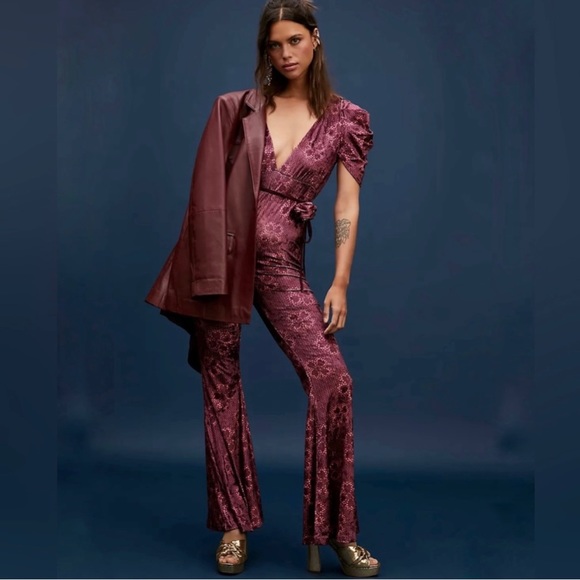 Free People Pants - Free People Mulberry Floral Rosaline Velvet Flared Leg Jumpsuit
